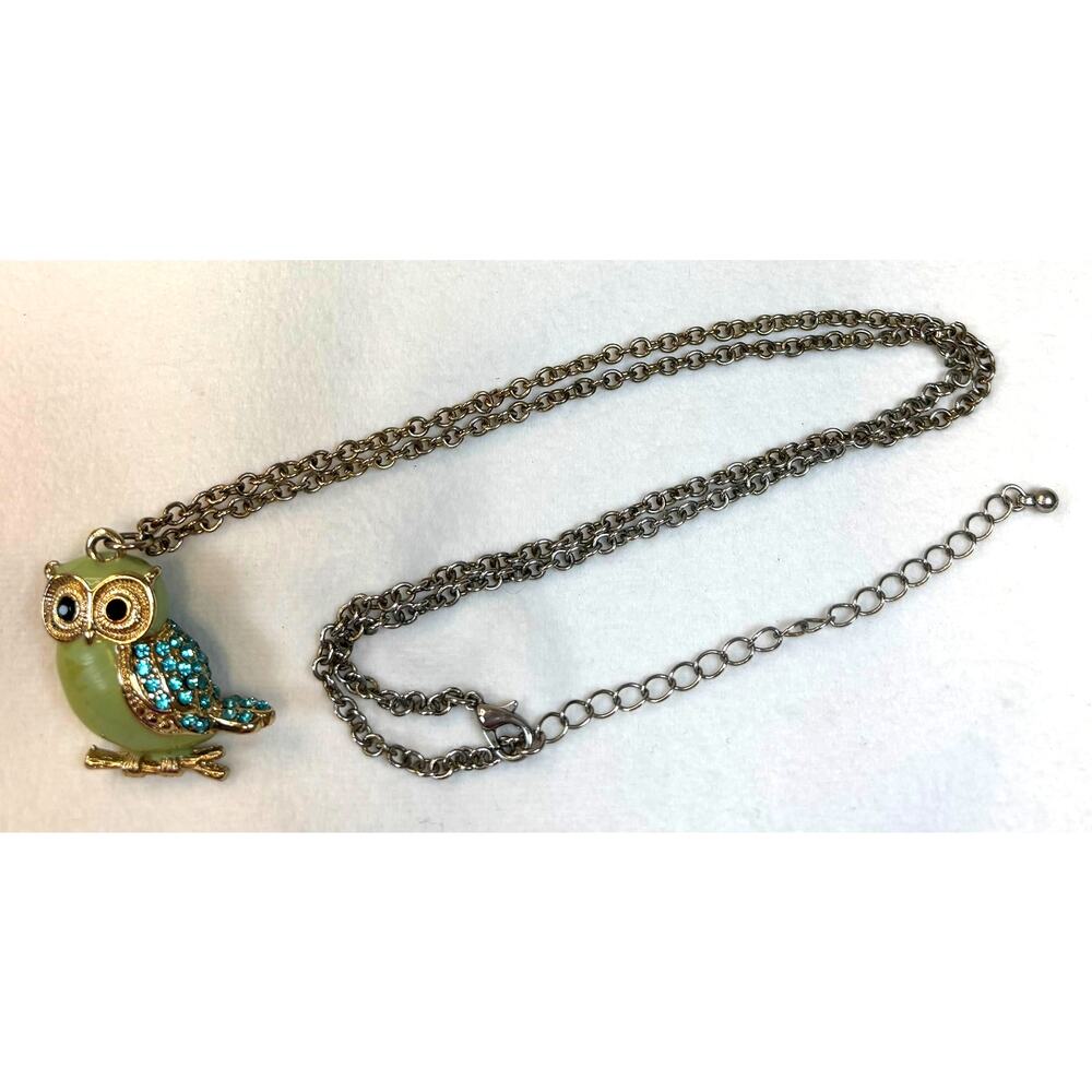 Owl Pendant Necklace Green Enamel Blue Rhinestone Feathers Gold Tone 24"